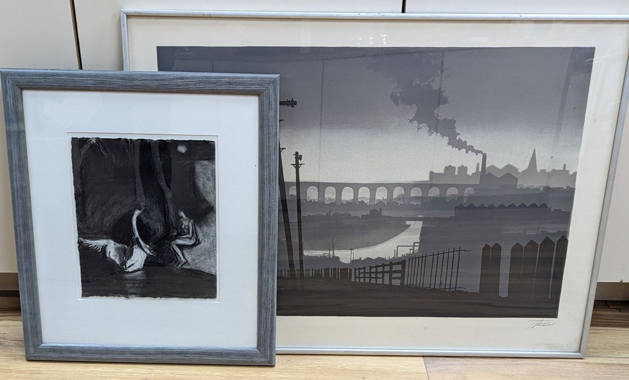 Trevor Grimshaw, lithograph, The Viaduct, signed 100/150, 44 x 66cm, a charcoal drawing of Leda and the swan by Julie Held and an unsigned watercolour landscape